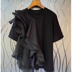 2024 New Summer Commuting Fashion Minimalist Chic Solid Color Short Sleeved Round Neck Pleated Patchwork Women's T-shirt Top