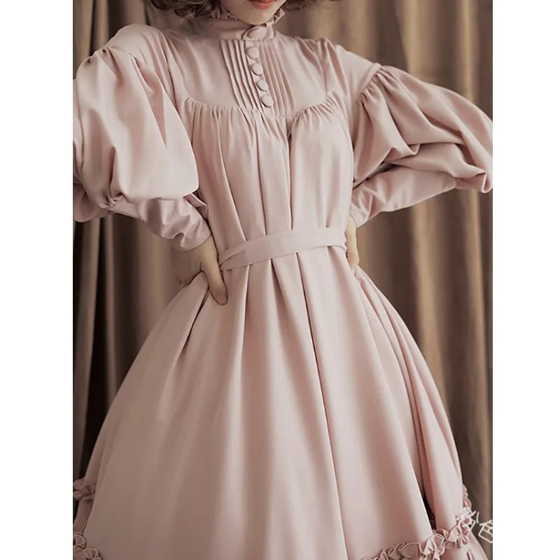 Korean Version of Solid Color Leisure Wooden Ear Edge Decoration Dress,Women's Spring/autumn Fashion Lantern Sleeve Lolita Dress