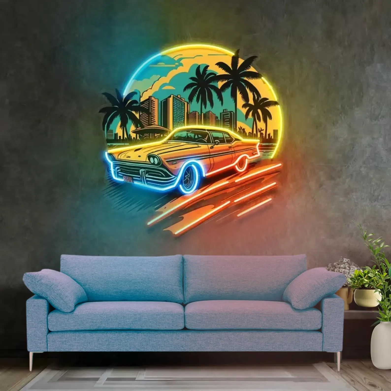 Car Sunset Neon Sign Wall Art Decor UV Print LED Lights Boys Bedroom Landscape Night Lamp Game Room Bar Beer Man Cave Sign