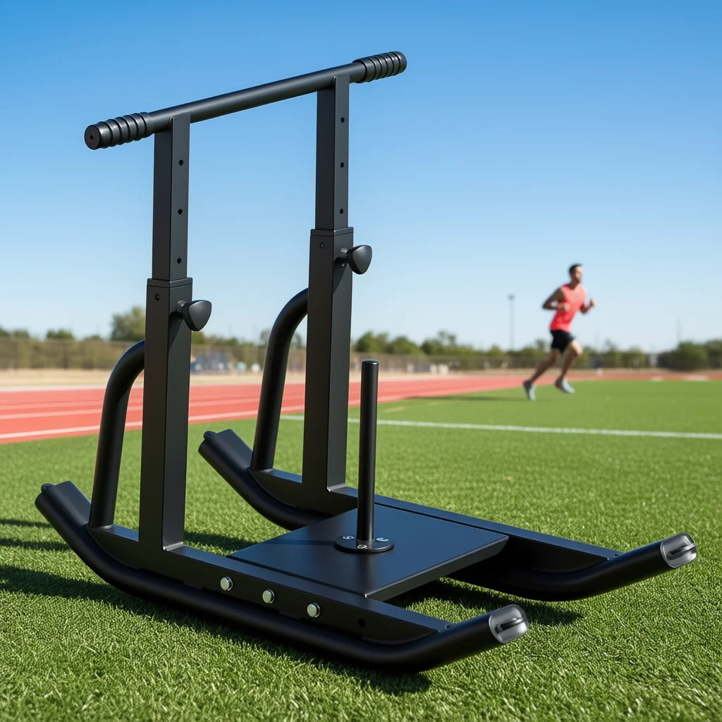 Fitness sleds are metal 1-inch and 2-inch speed agility training tools used for track and field workouts, pushing and pulling