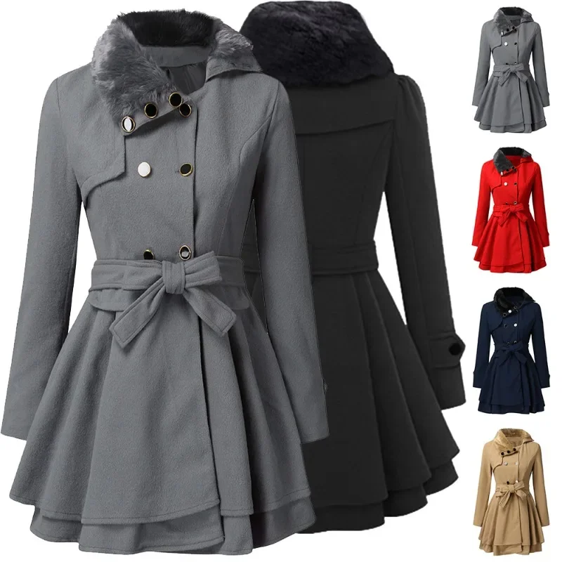 

Women's Fashion Long Woolen Coat Autumn Winter Double-breasted Slim Elegant Commuter Windbreaker Coat with Belt Warm Trench Coat