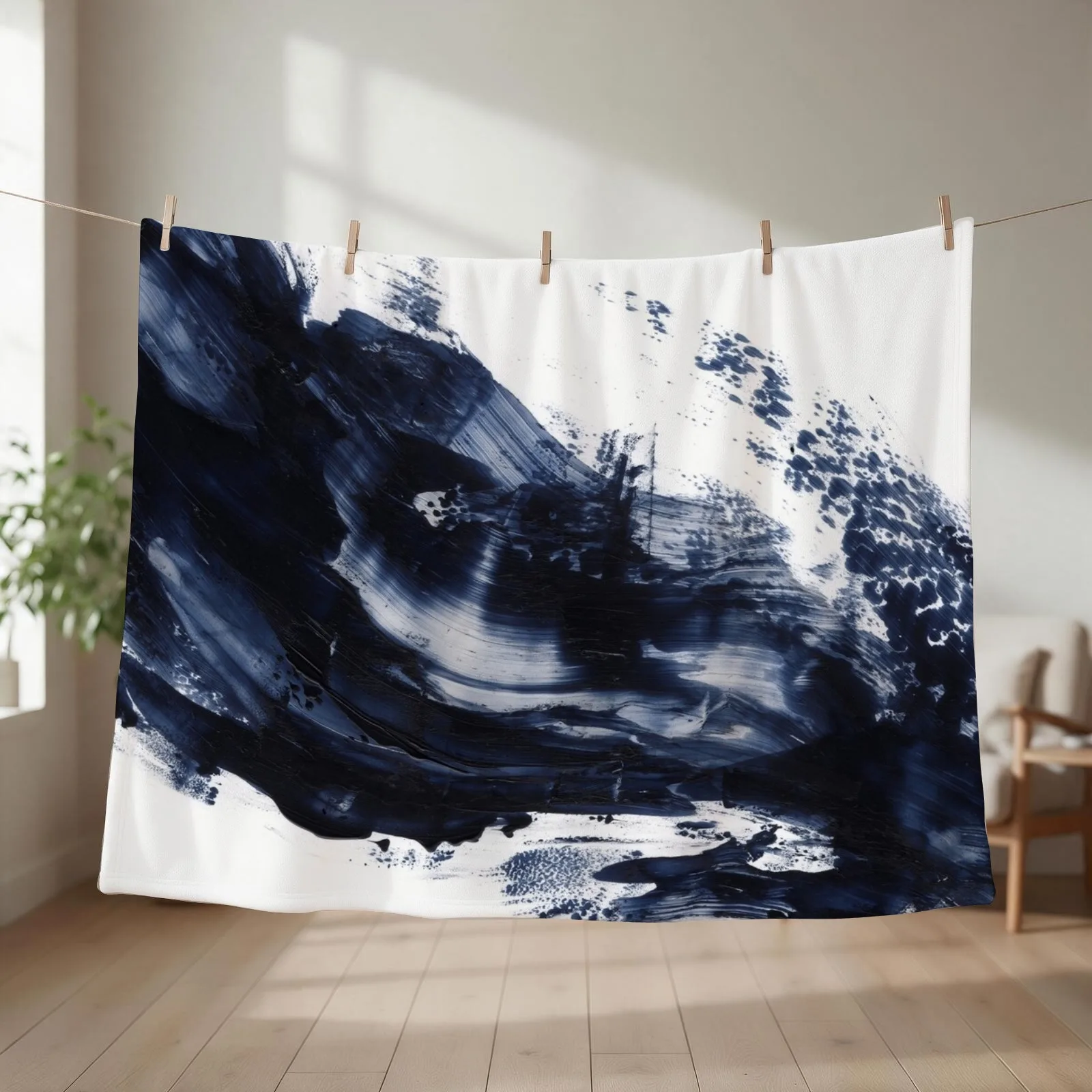 Navy Blue Gray Acrylic Abstract Painting- Horizontal Throw Blanket couch cozy soft plush fuzzy picnic outdoor blanket