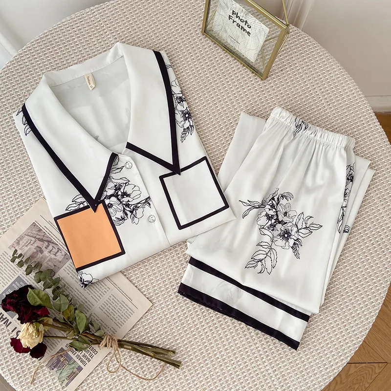 Women 2PCS Pajamas Suit New Sleep Set Print Flower Long Sleeve Loungewear Satin Home Clothing Pyjamas Intimate Lingerie