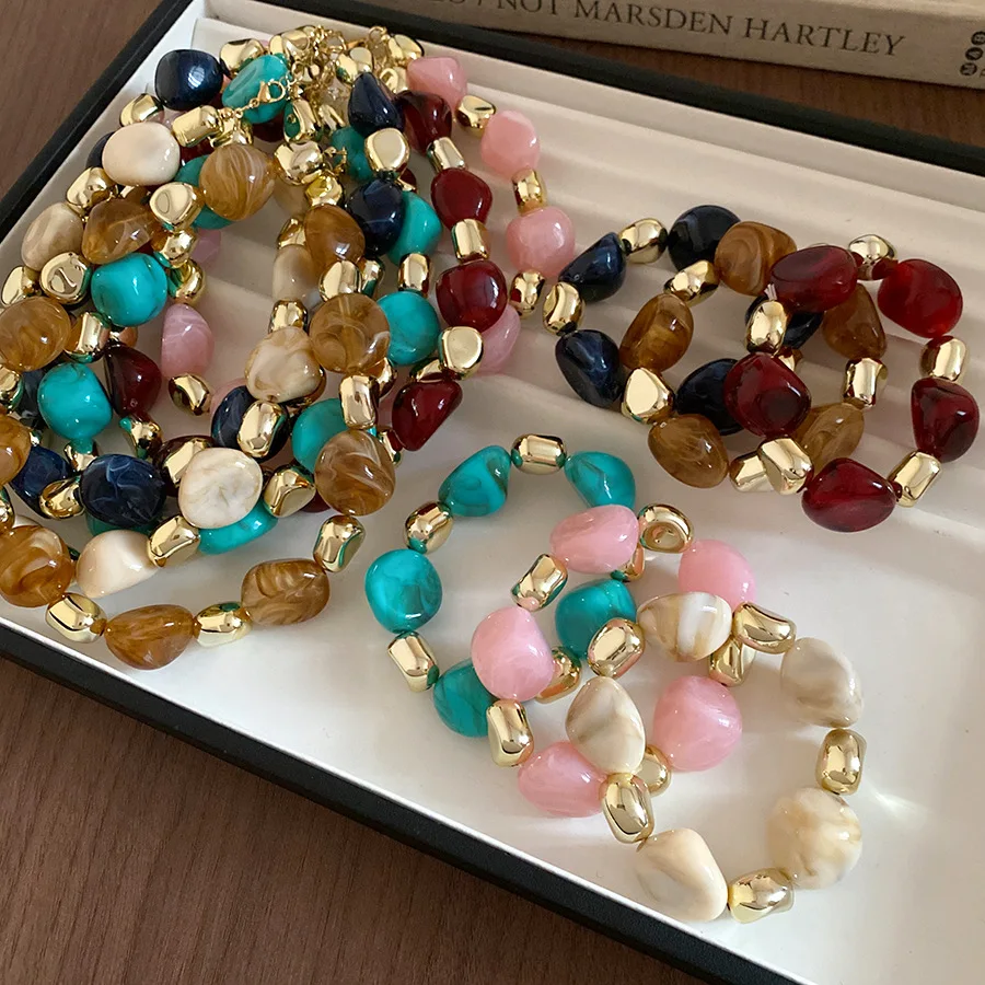 Multicolor Irregular Acrylic Beaded Bangles for Women Geometric Smudge String Bracelet Beach Vacation Style Couple Jewelry W image 2