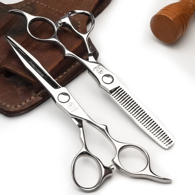 PROSEE 6 Inch 440C Hair Scissors Set Cutting & V-Tooth Thinning Shears Deep Engraved Bright Silver 59-61HRC Professional Barber