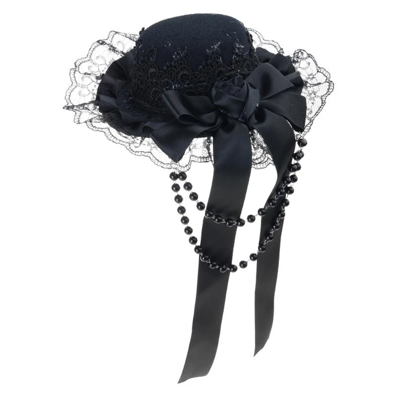 

652F Gothic Lolitas Top Hat Hair Clips Headdress Rose Lace Beaded Headwear Subcultures Hair Accessories Halloween Cosplay