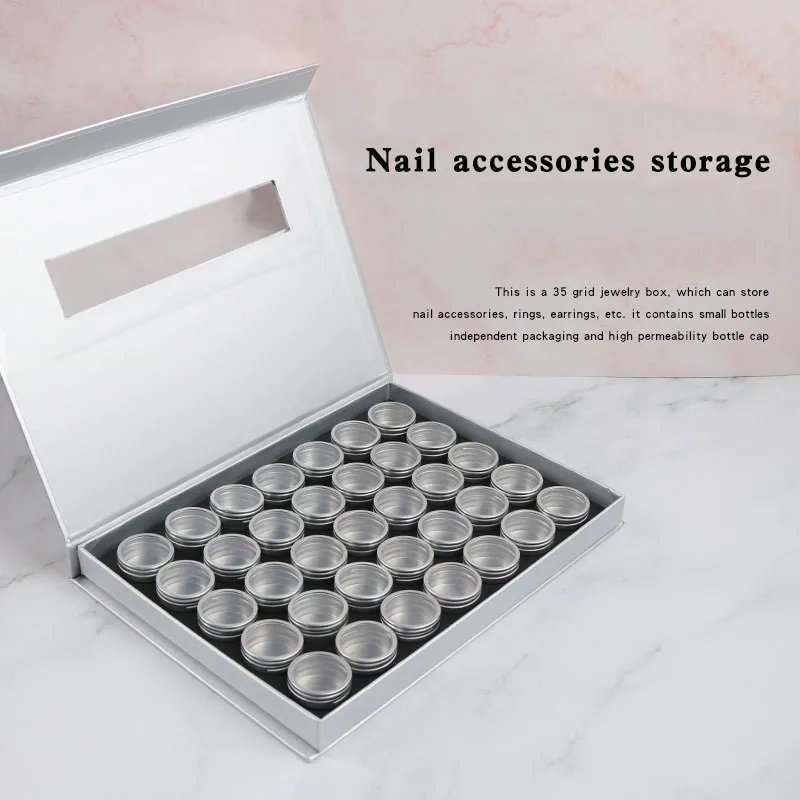 

Nail Art Jewelry Glitter Powder Accessories Container Storage Box 35pcs Aluminum Bottles Rhinestones Manicure Container Tool