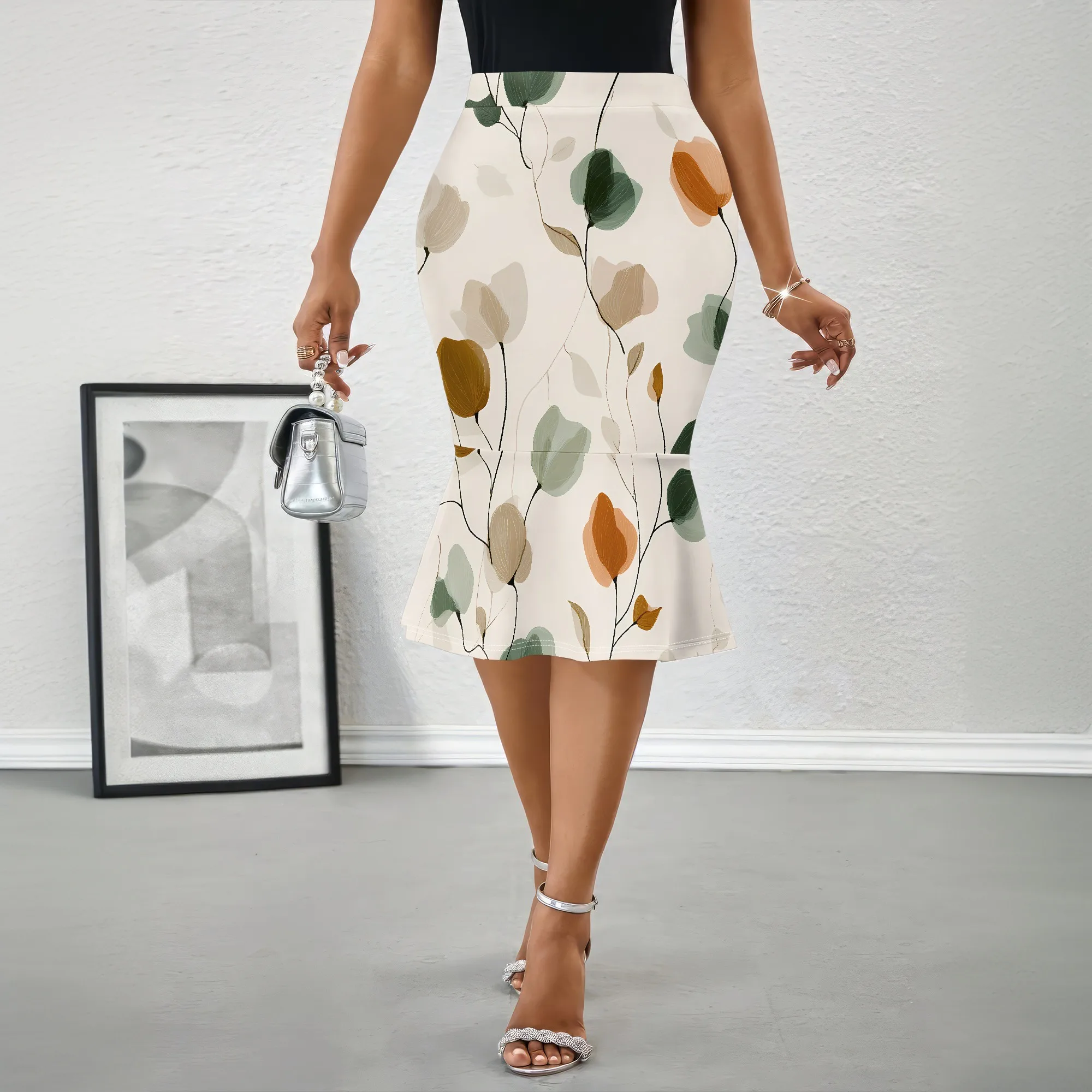 Floral Print, Midi Skirt, Leaf Pattern Pencil Skirt, Boho Style A-Line Skirt, Elegant Cut Mermaid Hem, Office Party Wear, S-2XL