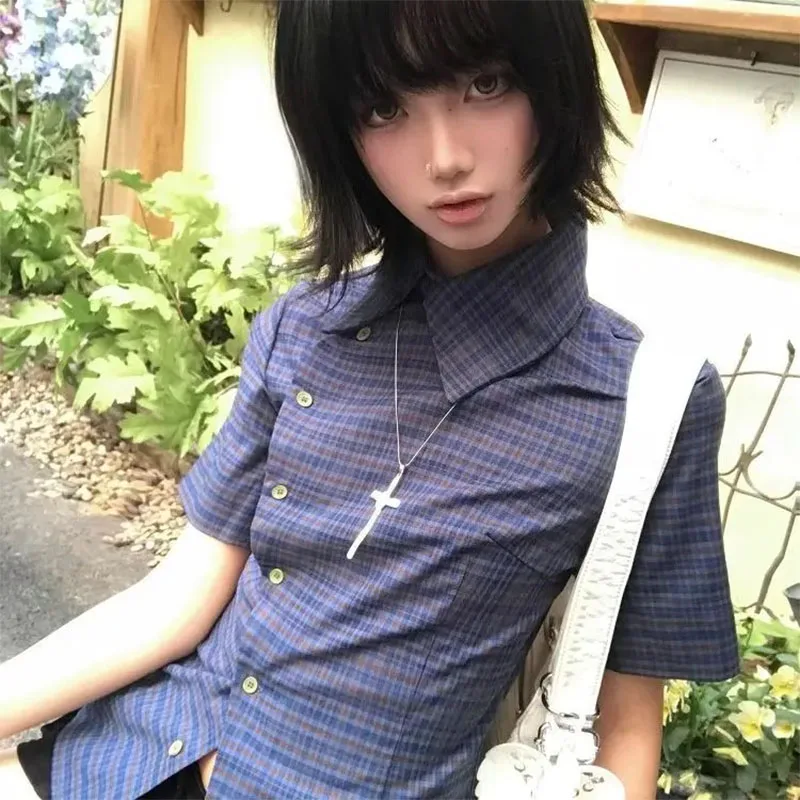 

Vintage Plaid Casual Shirt Women Short Sleeve Y2k Tops Japanese 2000s Summer Shirt Irregular American Retro 90s Tshirts