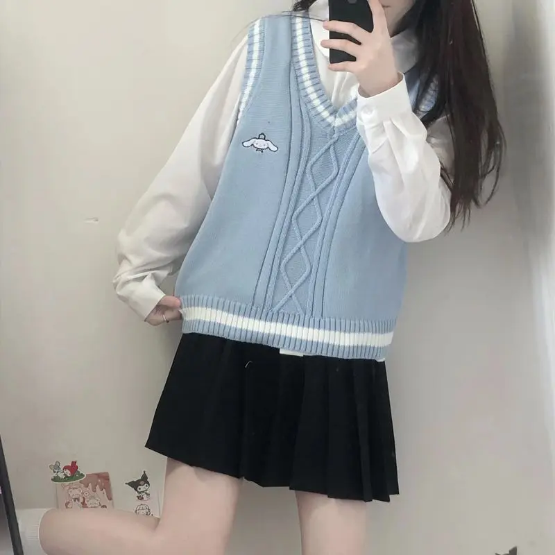 سترة كارتون Pompompurin Jk سترة سينامورول سانريو كاواي كورومي نمط الكلية تانك المرأة لينة متماسكة بلا أكمام البلوفرات #3