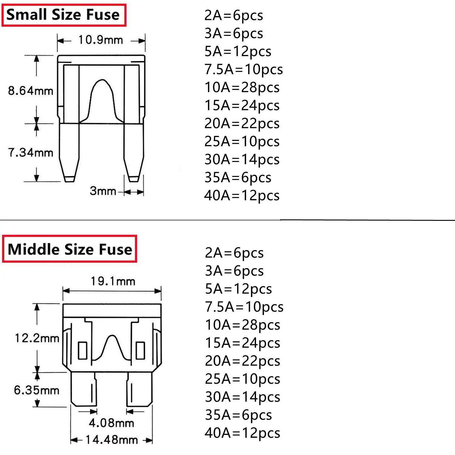 300 Pcs Assortment Automotive Fuses Middle Mini Type Blade Fuse 2A/3A/5A/7.5A/10A/15A/20A/25A/30A/35A/40A