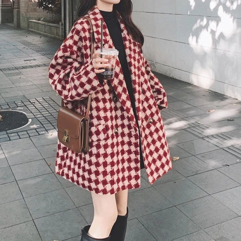 

Cotton-padded British Style Retro Red Plaid Suit Woolen Coat Women's Autumn and Winter Korean Loose Casual Woolen Coat