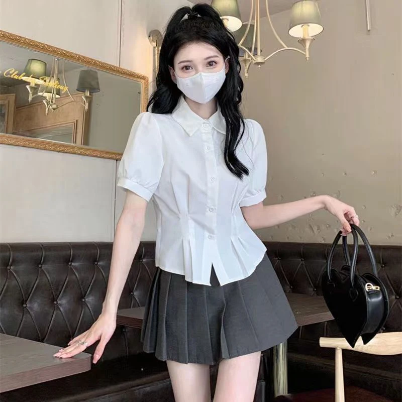 Sweet Short Sleeve Shirt Women Summer Blue Jk Preppy Style Slim Fit Tops Korean Fashion Chic Elegant Solid Blouse Female New