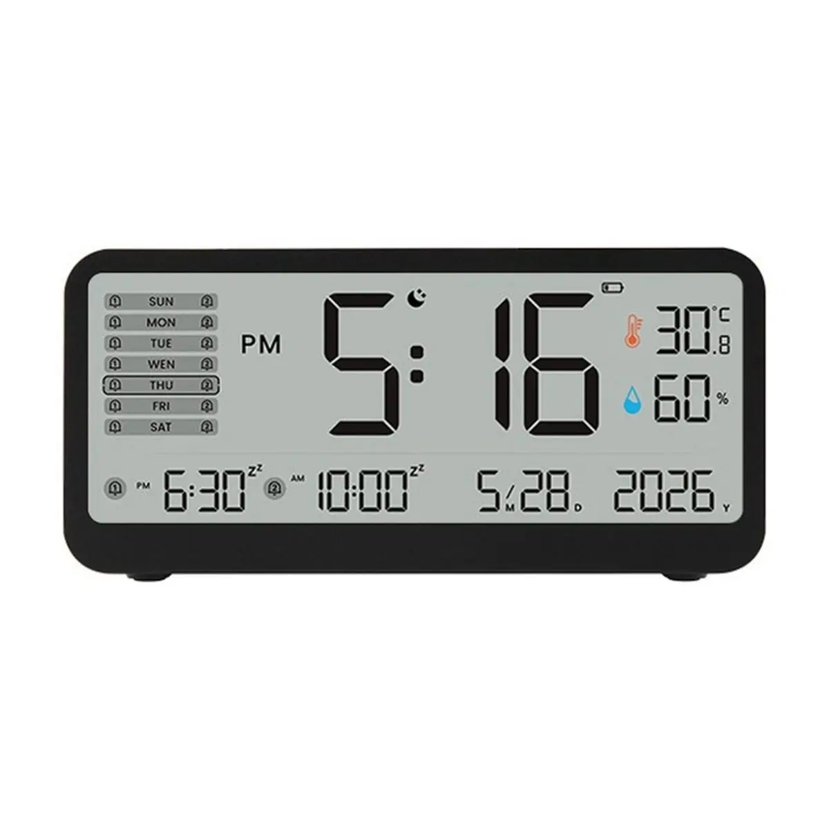 Digital Alarm Clock with Temperature Humidity Countdown LCD Calendar Weekday Display Dual Alarm for Home