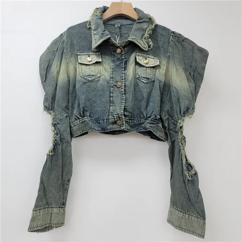 

Шикарная женская джинсовая куртка с длинными отверстиями и рукавами-пузырьками, джинсовое пальто, ковбойский кардиган, верхняя одежда с высокой талией, однобортные топы