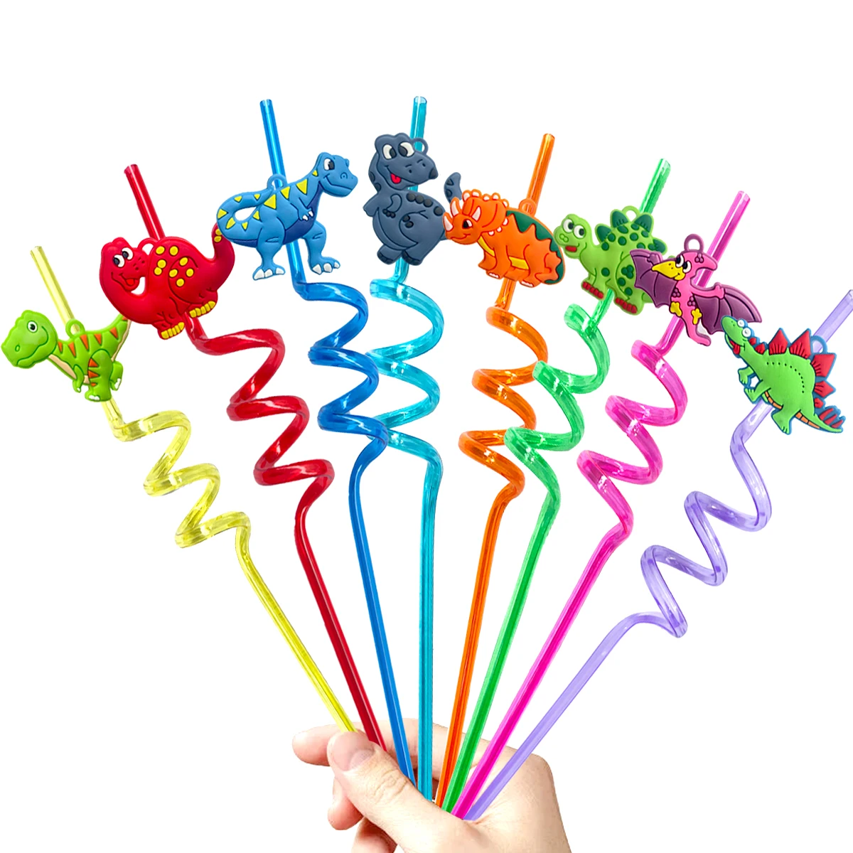 

8 Styles Dinosaur Patterns with 8 Color Reusable Plastic Straw Party Decoration for Kids Safari Jungle Dinosaur Theme Straws