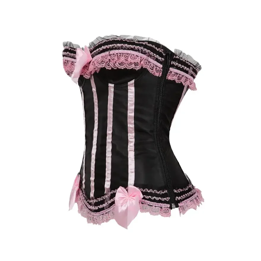 Sexy Lace Overbust Corset Top Women Vintage Satin Striped Lace up Bustier Ladies Satin Body Shaper Burlesque Costume