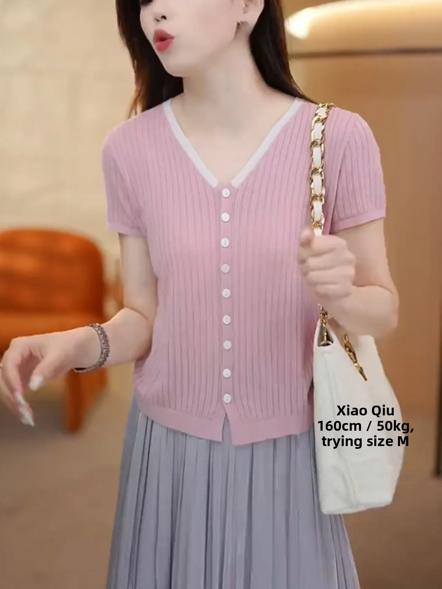 Cárdigan de Punto con Bloques de Color a la Moda, de Seda Helada, Manga Corta, con un Solo Botón, Estilo Casual, Cuello en V,...