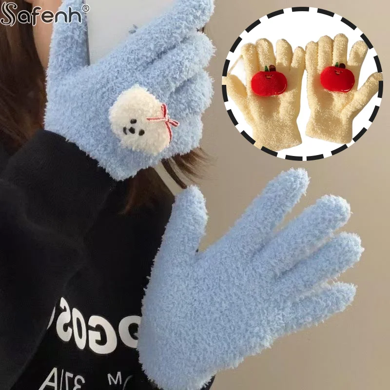 

Милые вьющиеся перчатки для собак с красным яблоком, плюшевые коралловые флисовые морозостойкие перчатки, студенческие зимние теплые перчатки с пятью пальцами, рождественские подарки для девочек