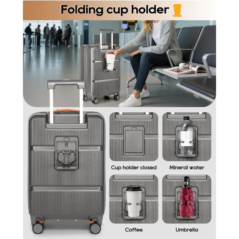 Equipaje de mano de carcasa dura de 20 pulgadas aprobado por aerolínea con bolsillo frontal y portavasos, maleta de viaje para una fácil movilidad