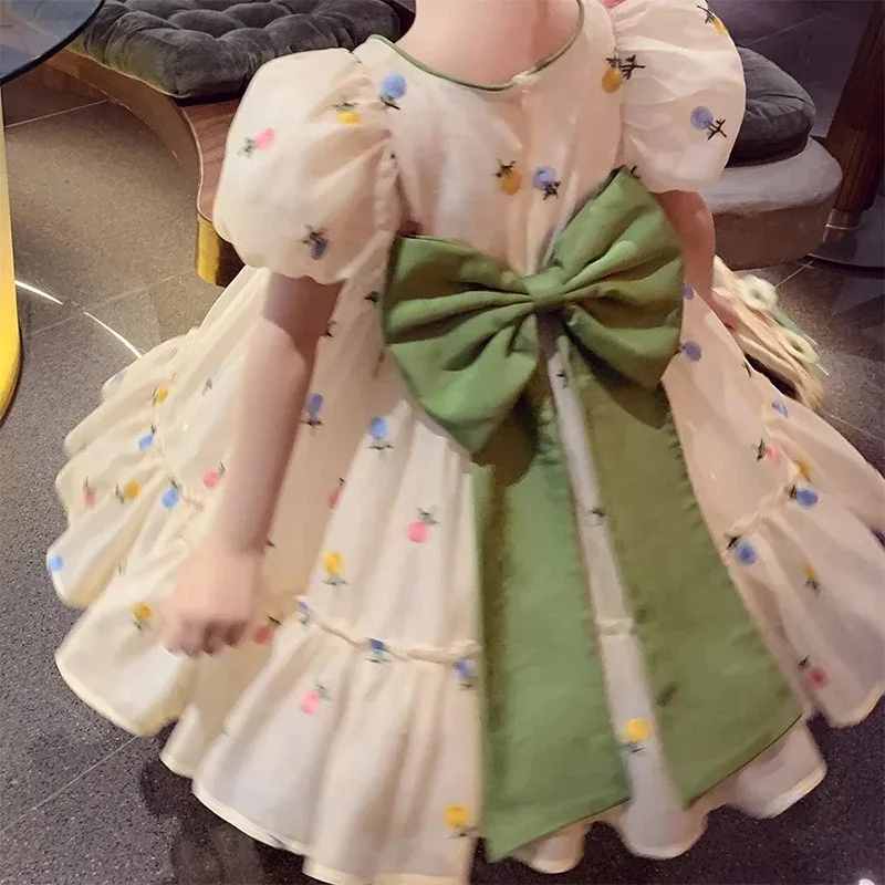 Bebê meninas vestido de princesa verão bege elegante vestido com arco verde crianças festa de aniversário roupas 2-12 anos de idade crianças roupas