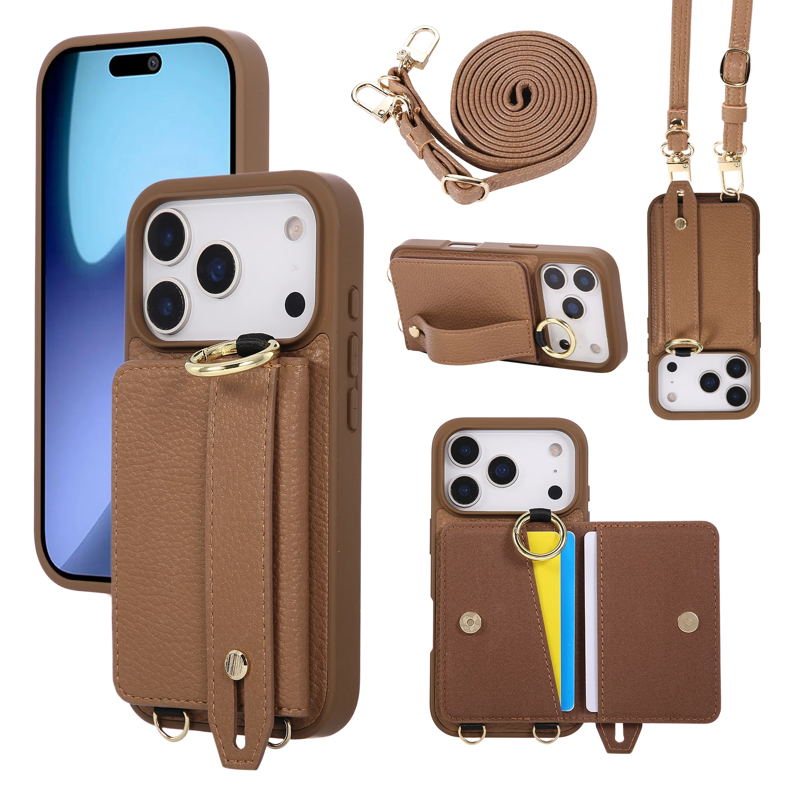 

Кожаный чехол-кошелек с магнитным ремешком и кольцом для iPhone 17 Pro Max 16 Plus 15 14 13, длинный ремешок-подставка
