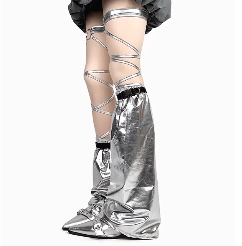 Y2K Futuristic Metallic Silver Leg Sleeves, Alt Girl Streetwear Sock Covers Girls Dancing Punk Leggings R2560