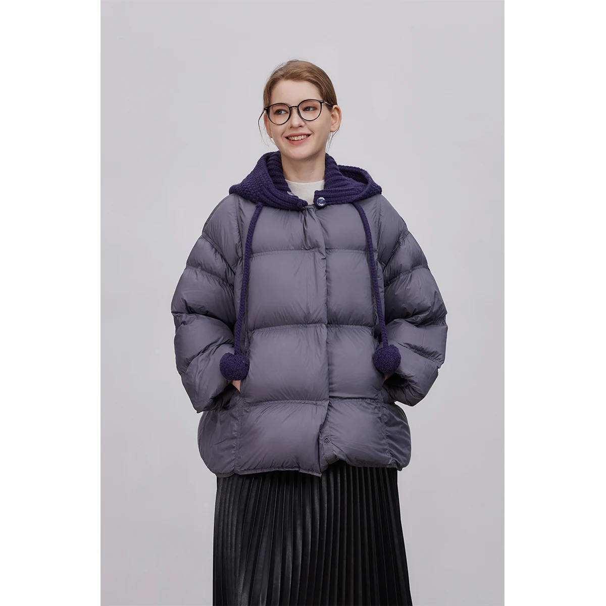 

ASSEUU Detachable Knitted Hat Purple Women's down Jaet 2025 New Sle Fluffy White Du Feather Warm Outerwear Coat
