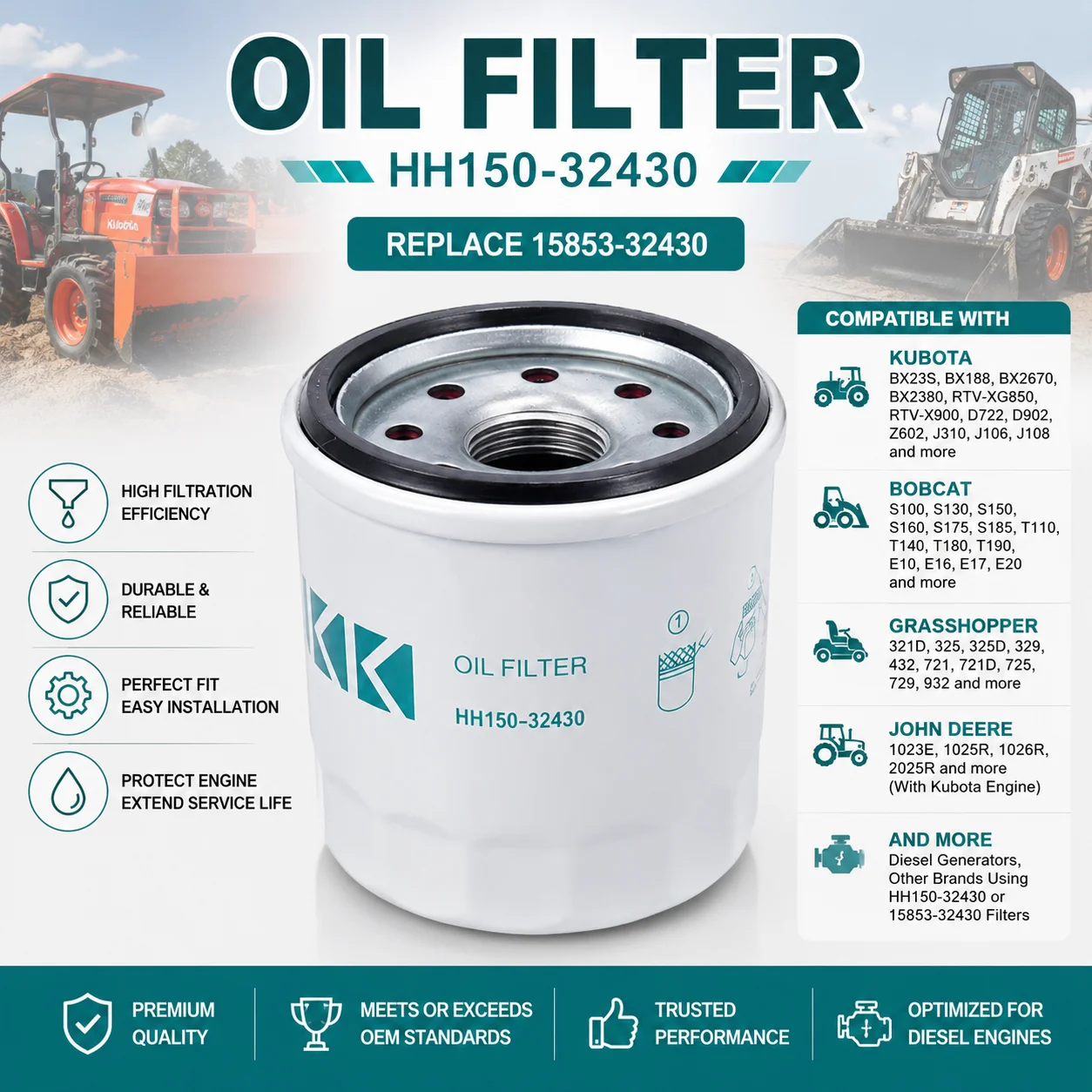 Filtro de Aceite Spin-On HH150-32430, Reemplazo del 15853-32430 para Motores Diésel Kubota BX23S BX188 S100 S130 325 721 John Deere 1023E 1025R