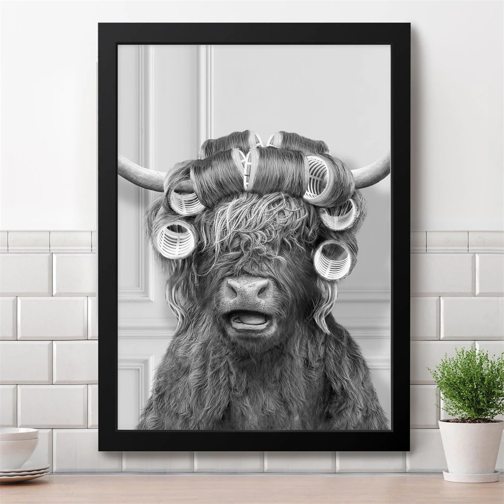 Black And White Highland Cow in Hair Curlers Print Cow Bathing Funny Bathroom Print Poster Animal Toilet Art Wall Decor