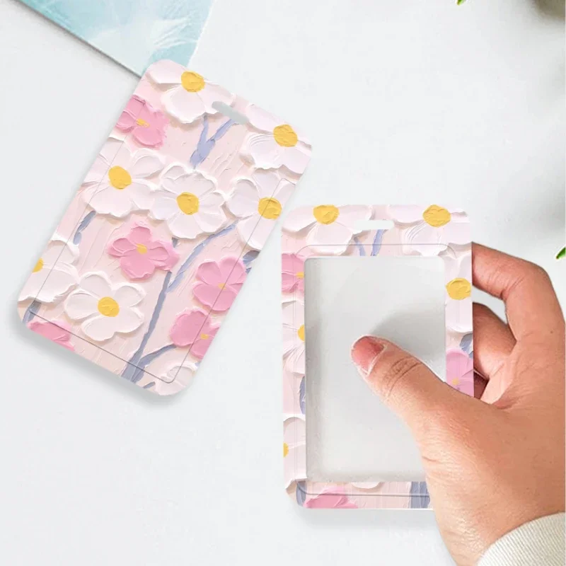 Porte-cartes à fleurs roses et blanches, adapté à la protection des cartes de bus, couverture de carte de repas, couverture d'identité d'étudiant, porte-carte photo K-pop