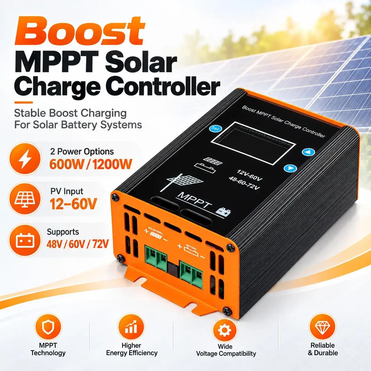 600W 1200W Boost MPPT Solar Charge Controller DC-DC Step-up Converter 12-60V PV Input 48V 60V 72V Battery Charger