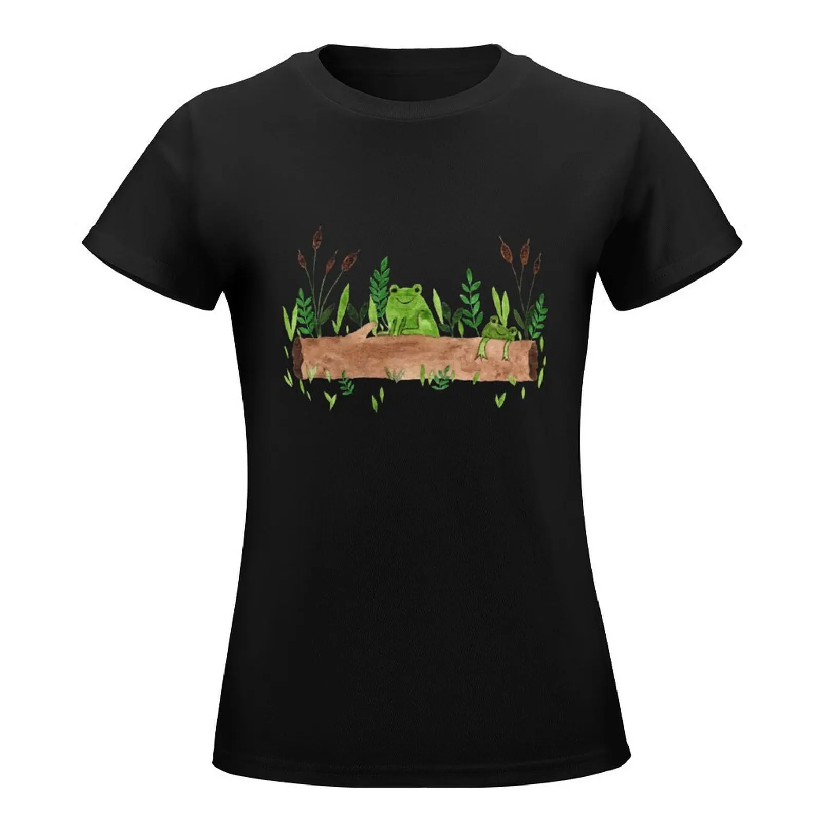 Frog on a Log T-Shirt Short sleeve tee Female clothing plus size tops black t shirts for Women