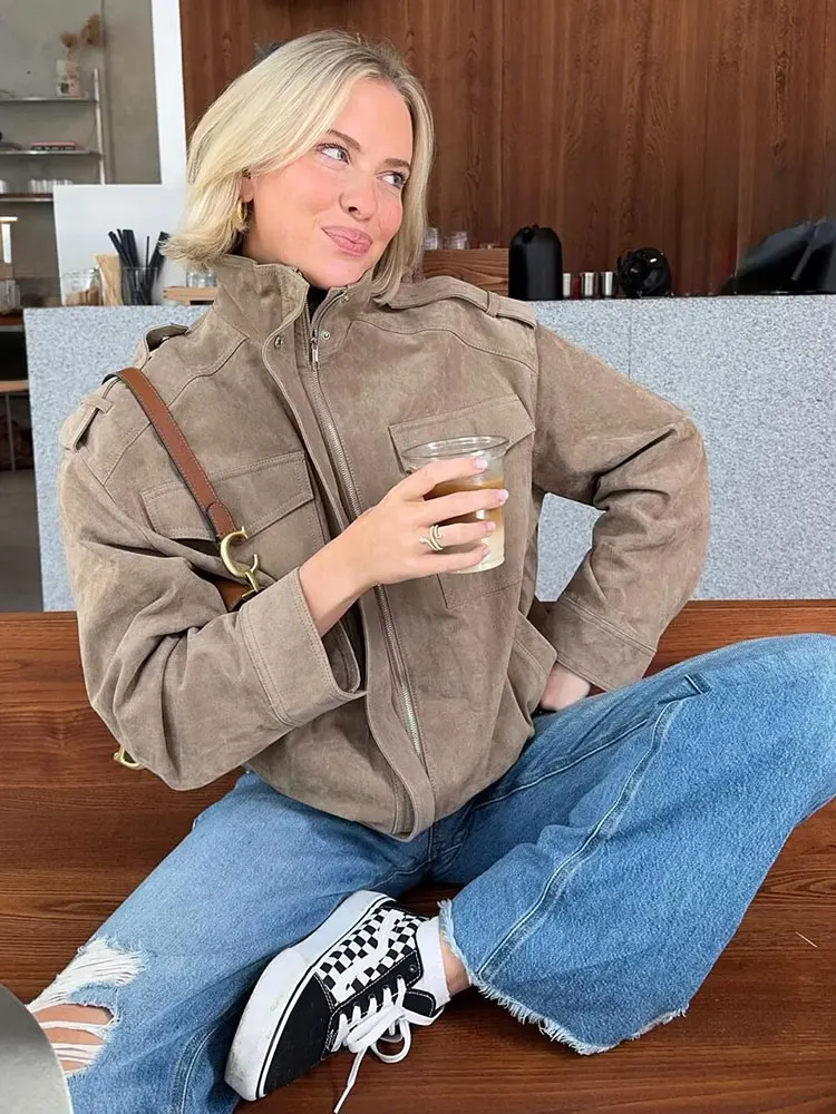 HH سترات نسائية موضة الخريف الصلبة مع سحاب وأكمام طويلة سترة نسائية جديدة ملابس الشارع الشهير معاطف عتيقة أنيقة #5