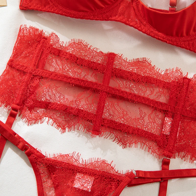 Bikini moda lingerie sexy costume da bagno in pizzo modellante reggicalze reggiseno set di quattro pezzi