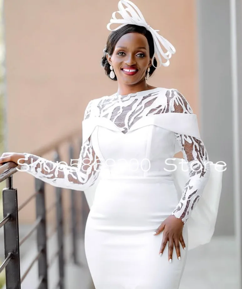 Mała Biała Sukienka Krótkie Sukienki Ślubne na Plażę Długi Rękaw Koronkowe Aplikacje Aso Ebi Afrykańska Suknia Ślubna Ogrodowa Szyta na Miarę