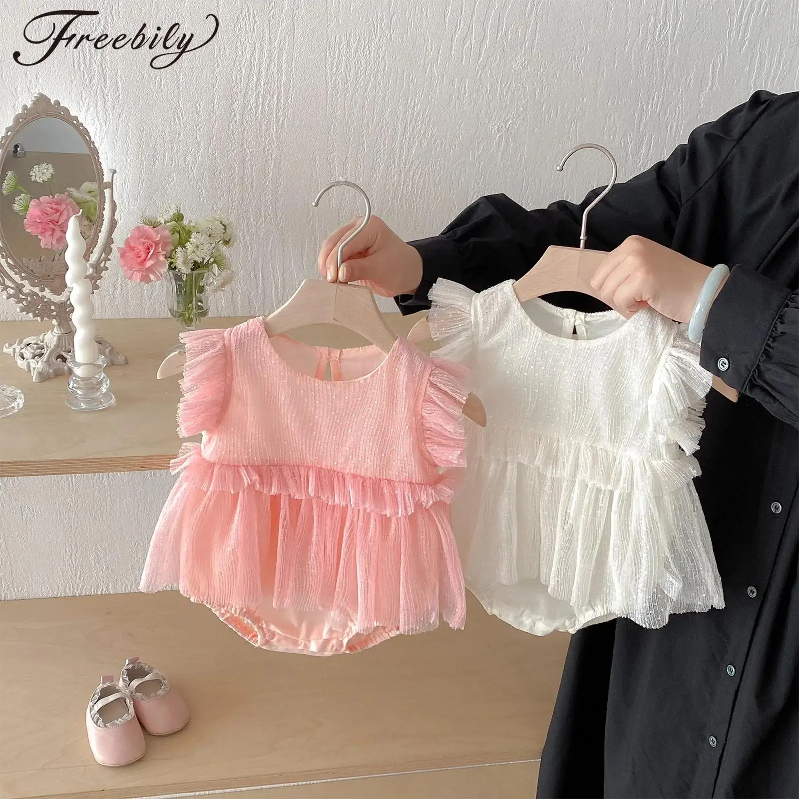 

Newborn Baby Girls Cute Sleeveless Ruffle Tulle Romper Dress Summer Kids Clothes Birthday Party Baby Shower Photography Outfit