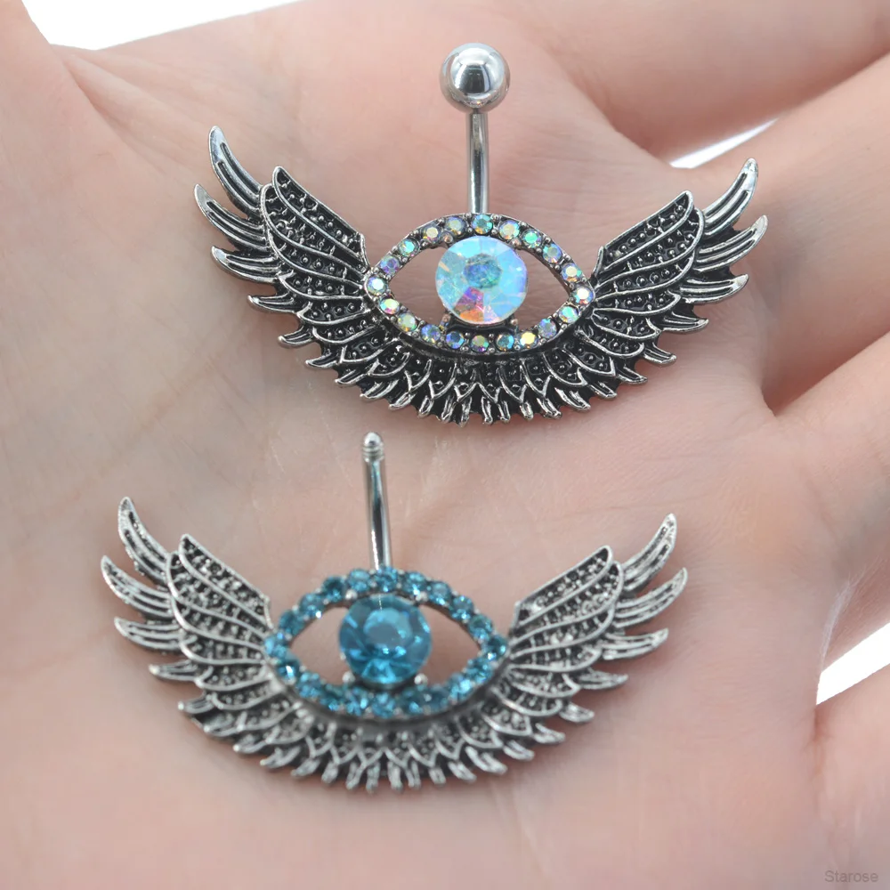 Starbeauty Blue CZ Eye Belly Button Rings Eagle Wing Navel Piercing Stainless Steel Belly Piercing Ombligo Body Jewelry 14G