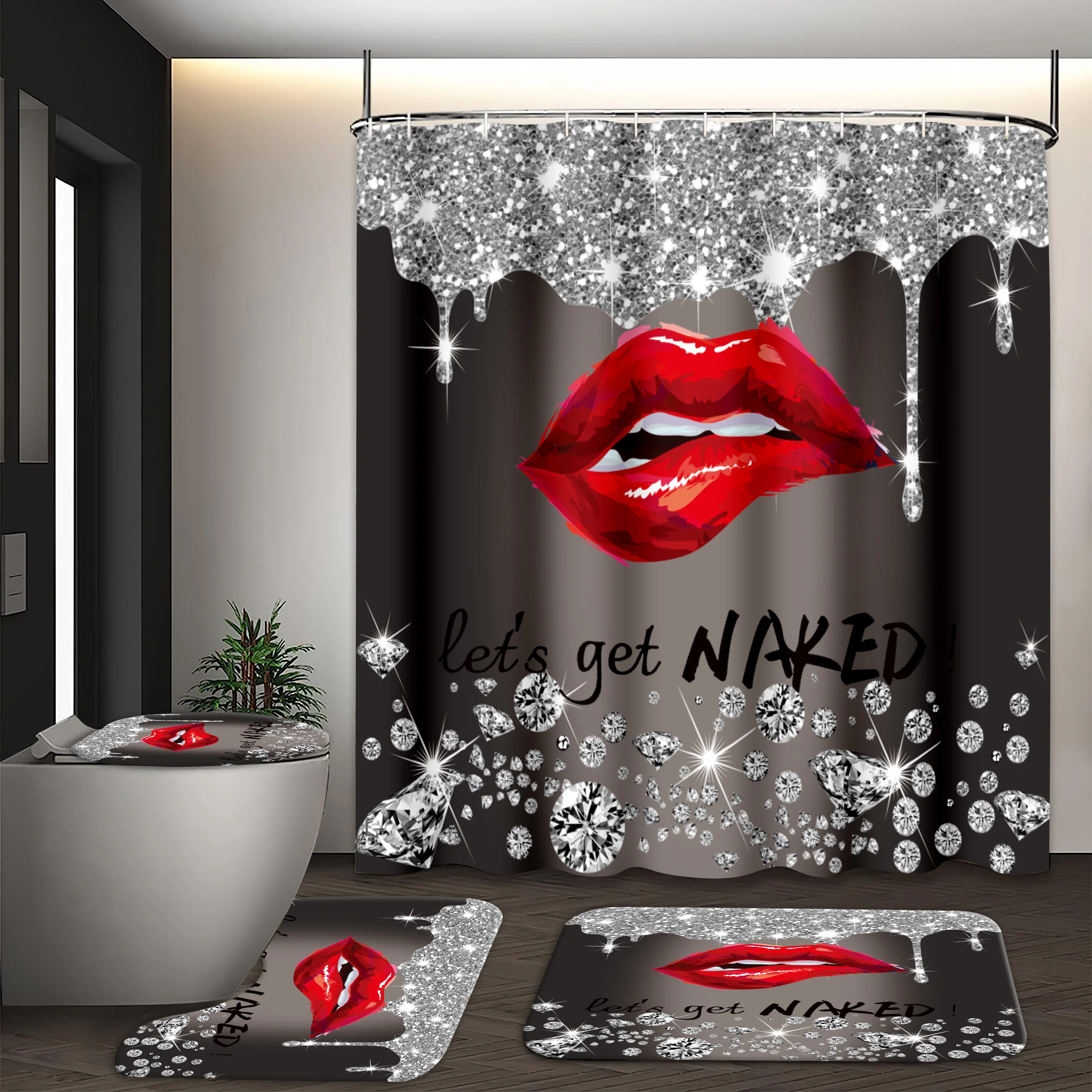 

Набор для ванны с принтом красных губ и стразами — включает занавеску для душа, коврик для ванной, крышку унитаза и U-образный коврик для стильного декора ванной комнаты