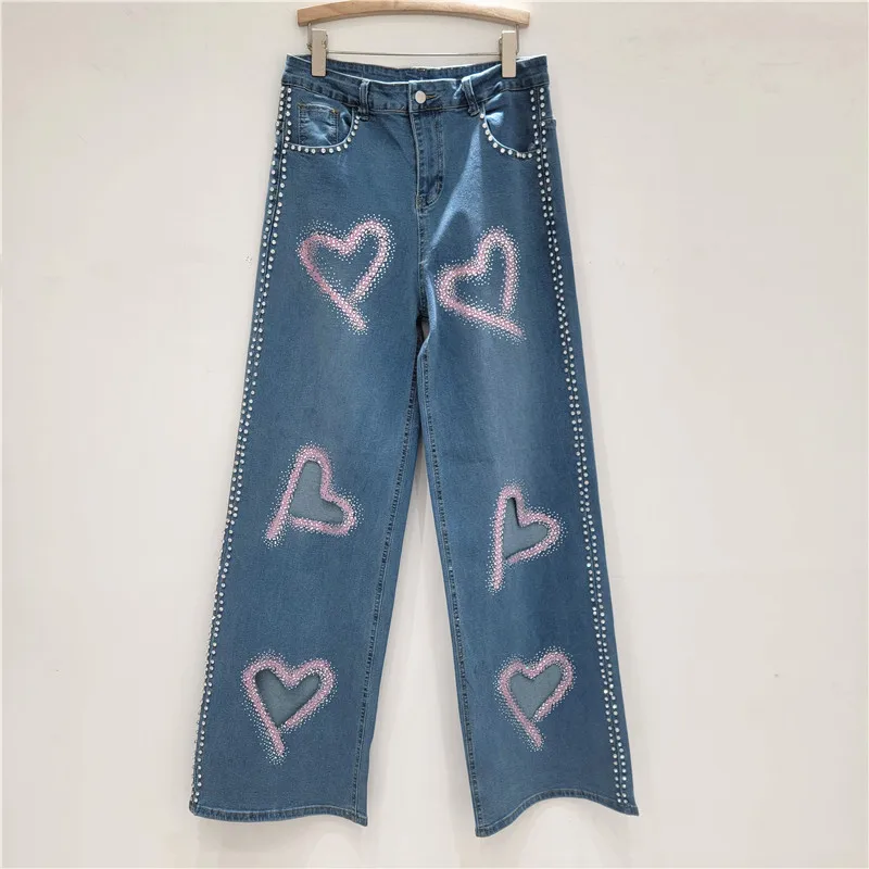 

Джинсы с вырезами со стразами, весна-лето, широкие брюки с сердечками, американская мода, женские джинсовые брюки High Street