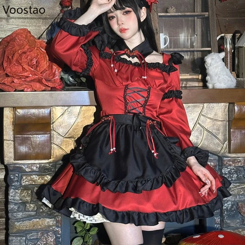 Japanische gotische lolita kleid frauen harajuku bogen maid kleider mädchen vintage y2k kleiner teufel cosplay halloween party mini kleid