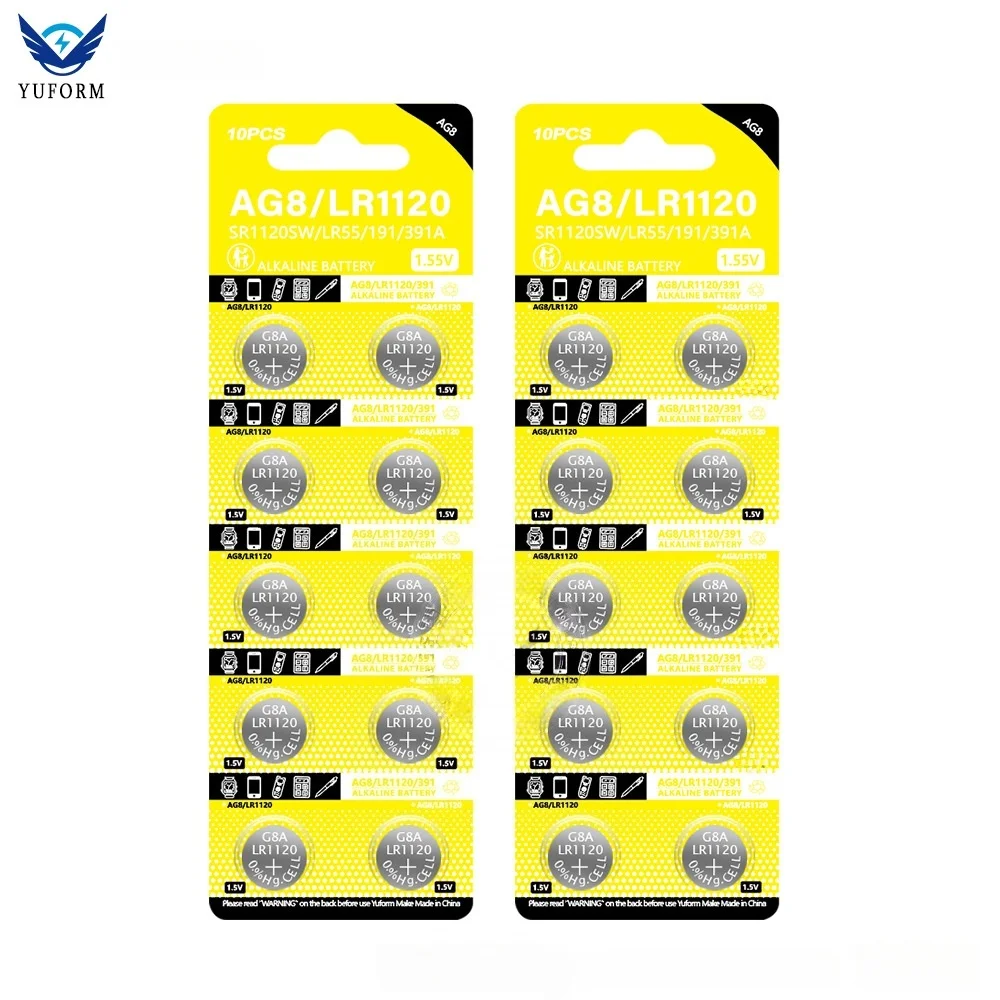 AG8 LR1120 Alkaline Button Battery 1.55V 50mAh Coin Cell for Watch Calculators LED Light Leak-Proof Design 191 LR55 391 SR1120SW