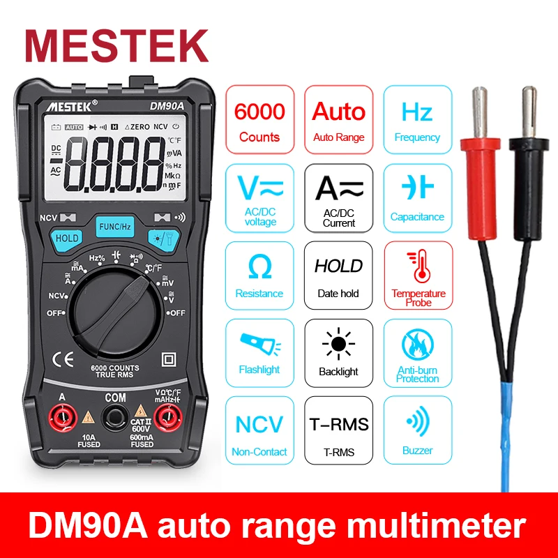 MESTEK Digital Multimeter DM90A/E/S NCV 6000 counts Auto Ranging AC/DC voltage meter Flashlight Back light Universal Multitester