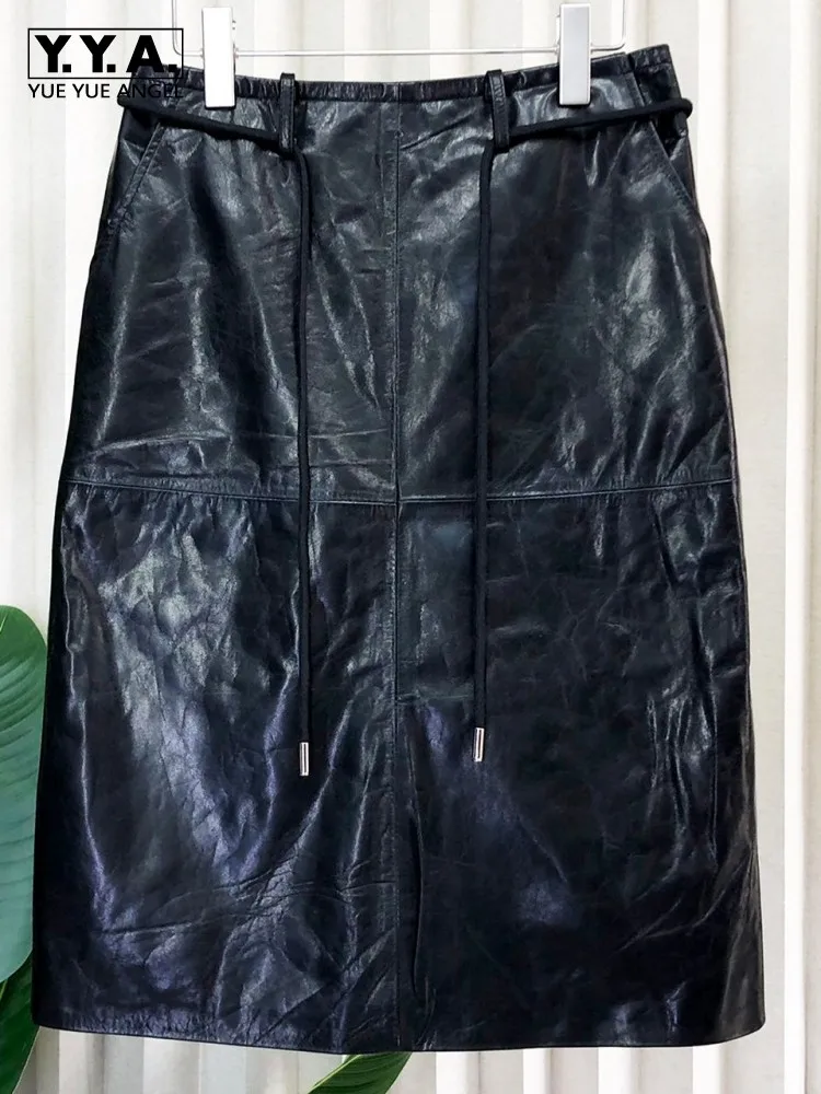 Leisure Ladies High Waist Fashion Genuine Leather Slim Short Skirt Solid Color Sheepskin Drawstring Zipper A Line Skirts