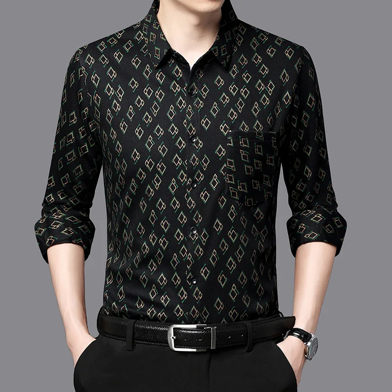 

Spring and Autumn Men's Polo Neck Geometric Pattern Printed Plaid Vacation Long Sleeve Cardigan Shirt Coat Fashion Casual Tops