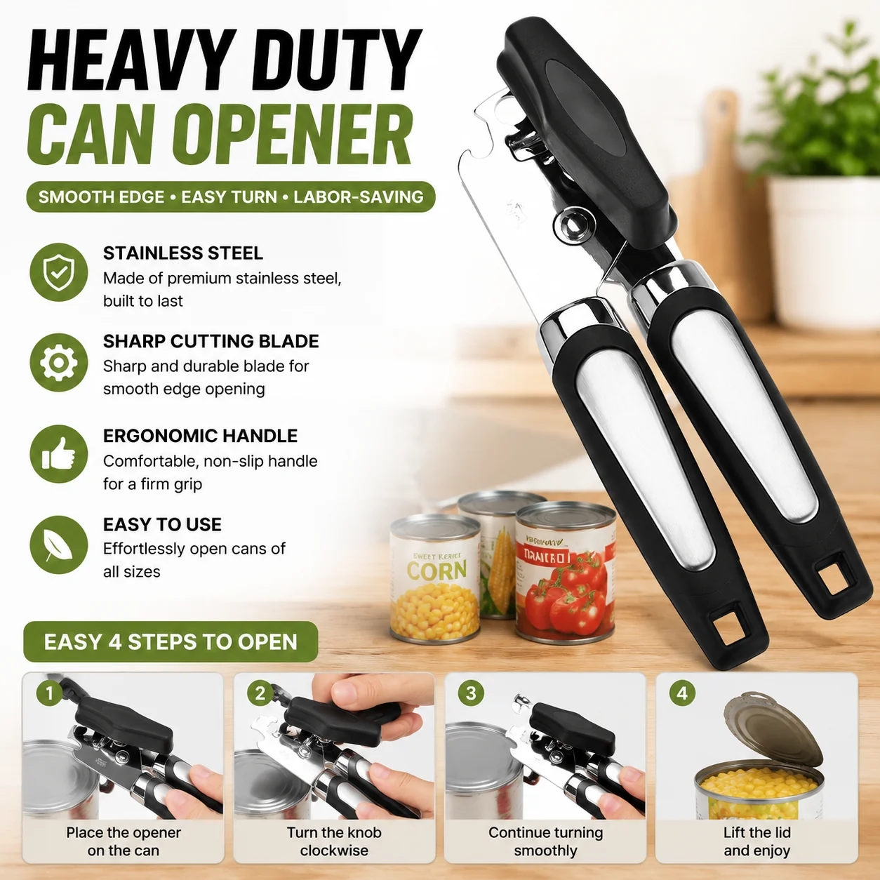 Multifunctional Stainless Steel Can Opener, Comfort Grip Side Cut Professional Tin & Bottle Opener Household Kitchen Gadget