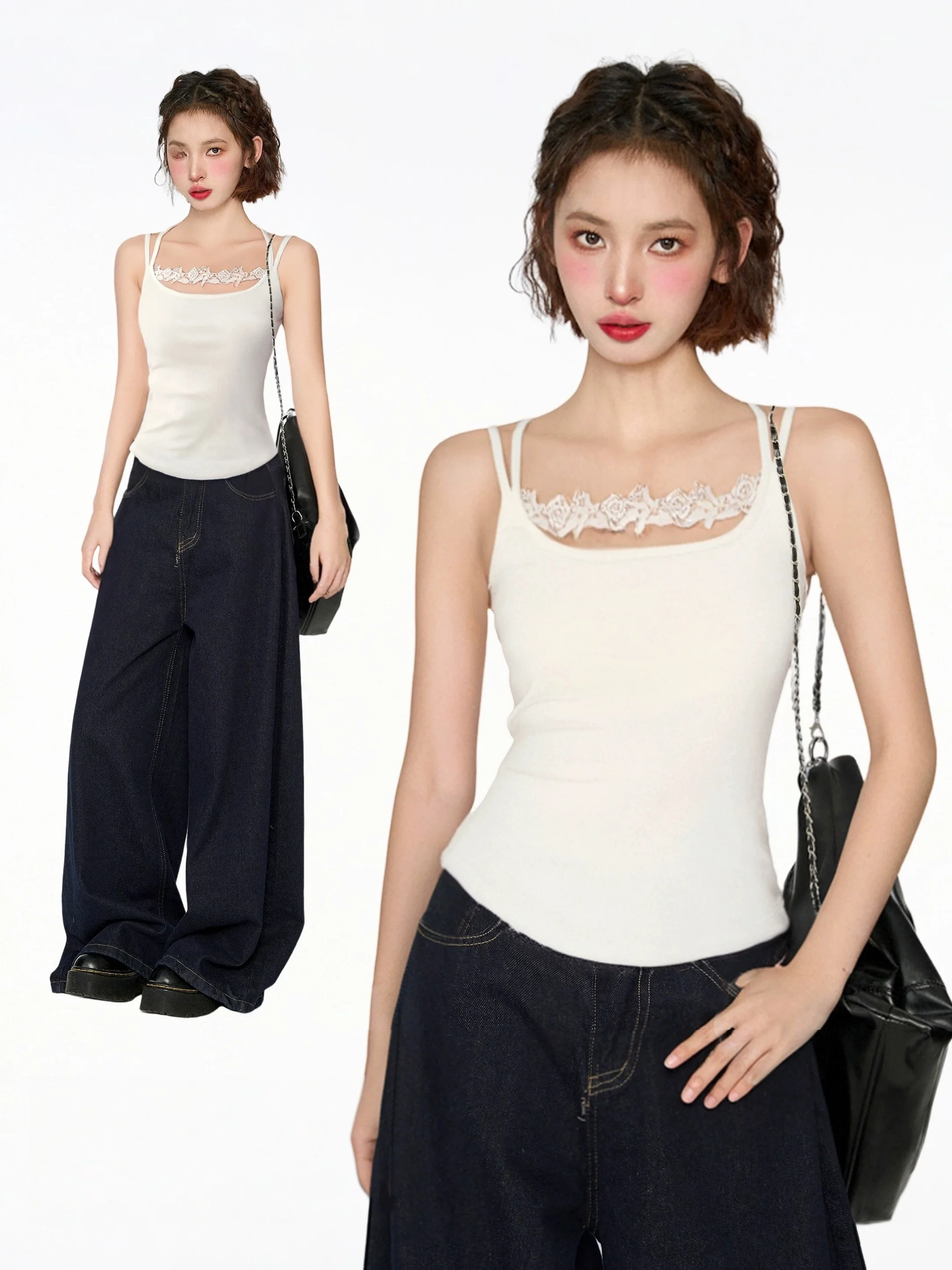 

Summer Lace Strap Vest Women's plus Size Cotton Blend Base Layer Top Sweet Spicy Girl Splice Bottoming Shirt