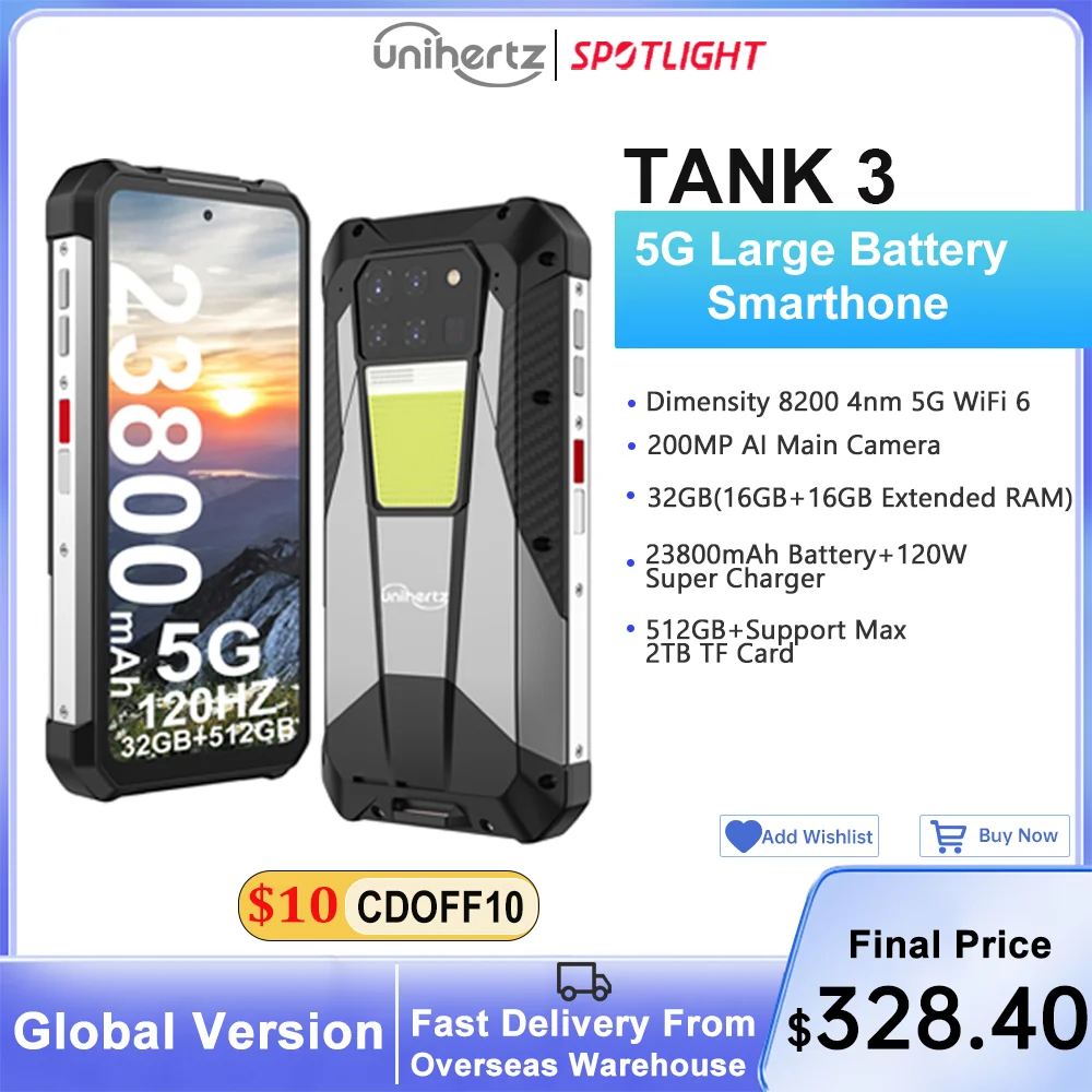 Unihertz-Rangefinder Tank, 3 by 8849, 32GB, 512GB, 23800mAh, 120W شاحن, أبعاد 8200, 5G, 200MP, 120Hz, ضوء خارجي, WiFi 6