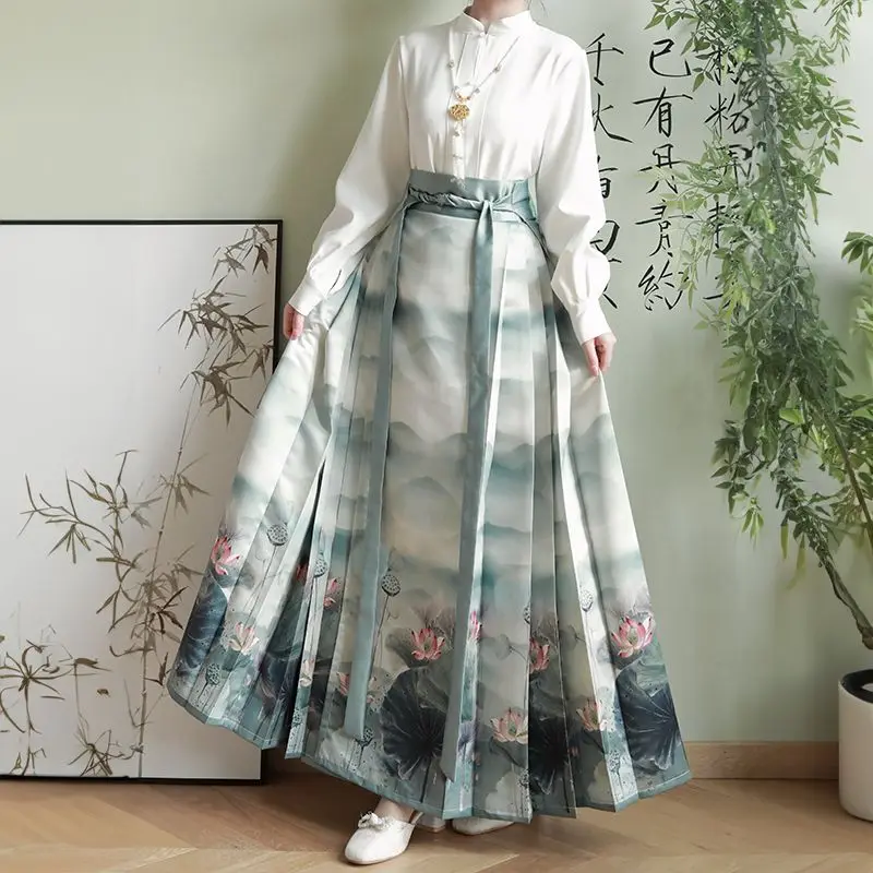 Ming Dynasty Horse-faced Skirt Exquisite Chinese Ink Lotus Print One-piece Long Skirt Elegant Slim Traditional Horse-faced Skirt