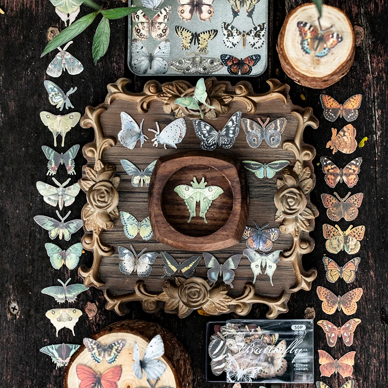 50 Blatt Schmetterling Serie Aufkleber Vintage Landschaft Material Collage Scrapbooking Tagebuch Aufkleber Kreative DIY Journal Briefpapier